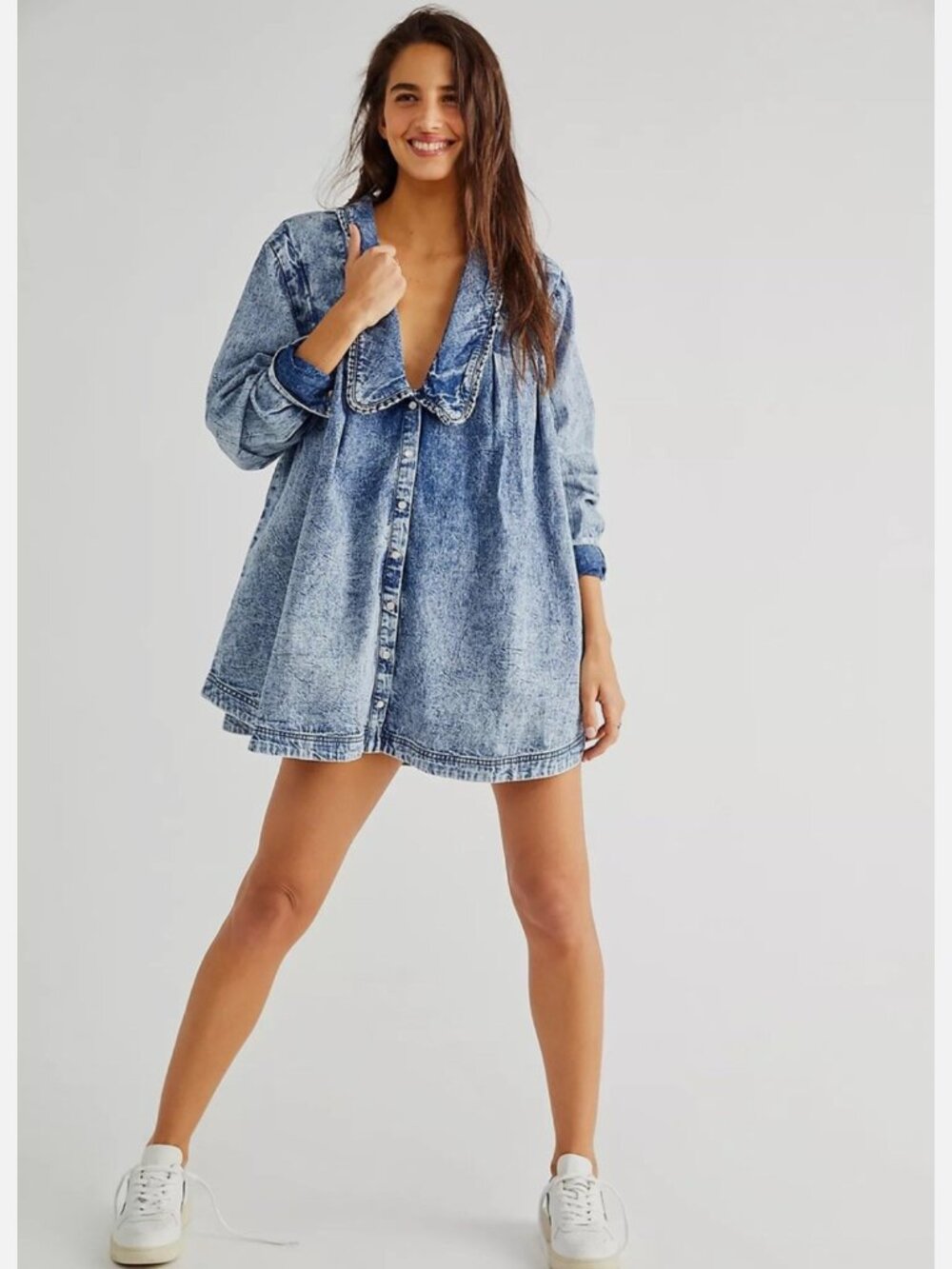 NEW Free People Ruffle Collar Denim Swing Blouse- Medium